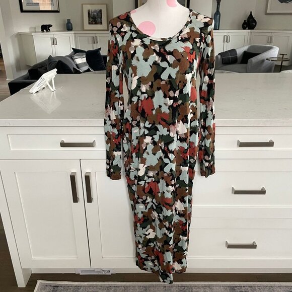 Abstract Floral Scoop Nk Lg Slv Midi (mid calf) Rayon Spandex Dress Multi Sz M - Picture 9 of 9